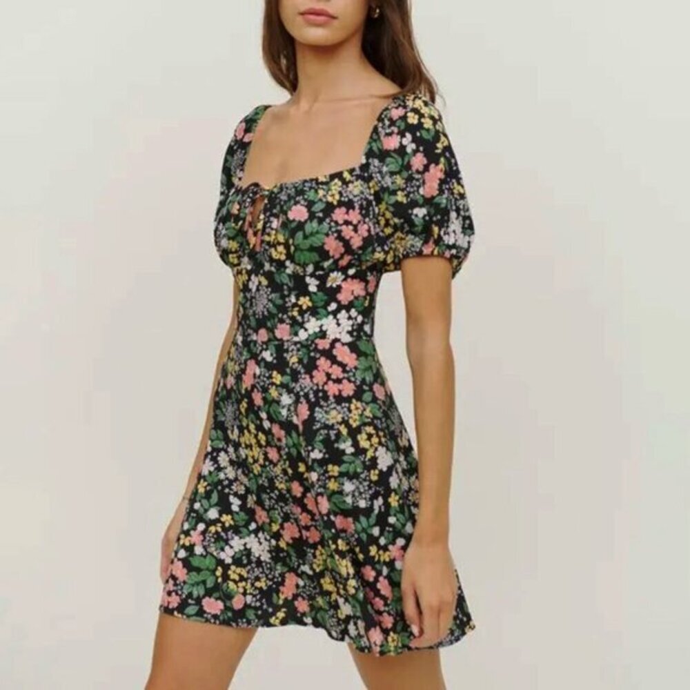 Reformation Black Floral Mini Dress with Pink, Green & Yellow Flowers